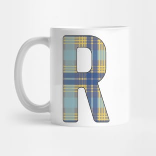 Monogram Letter R, Blue, Yellow and Grey Scottish Tartan Style Typography Design Mug